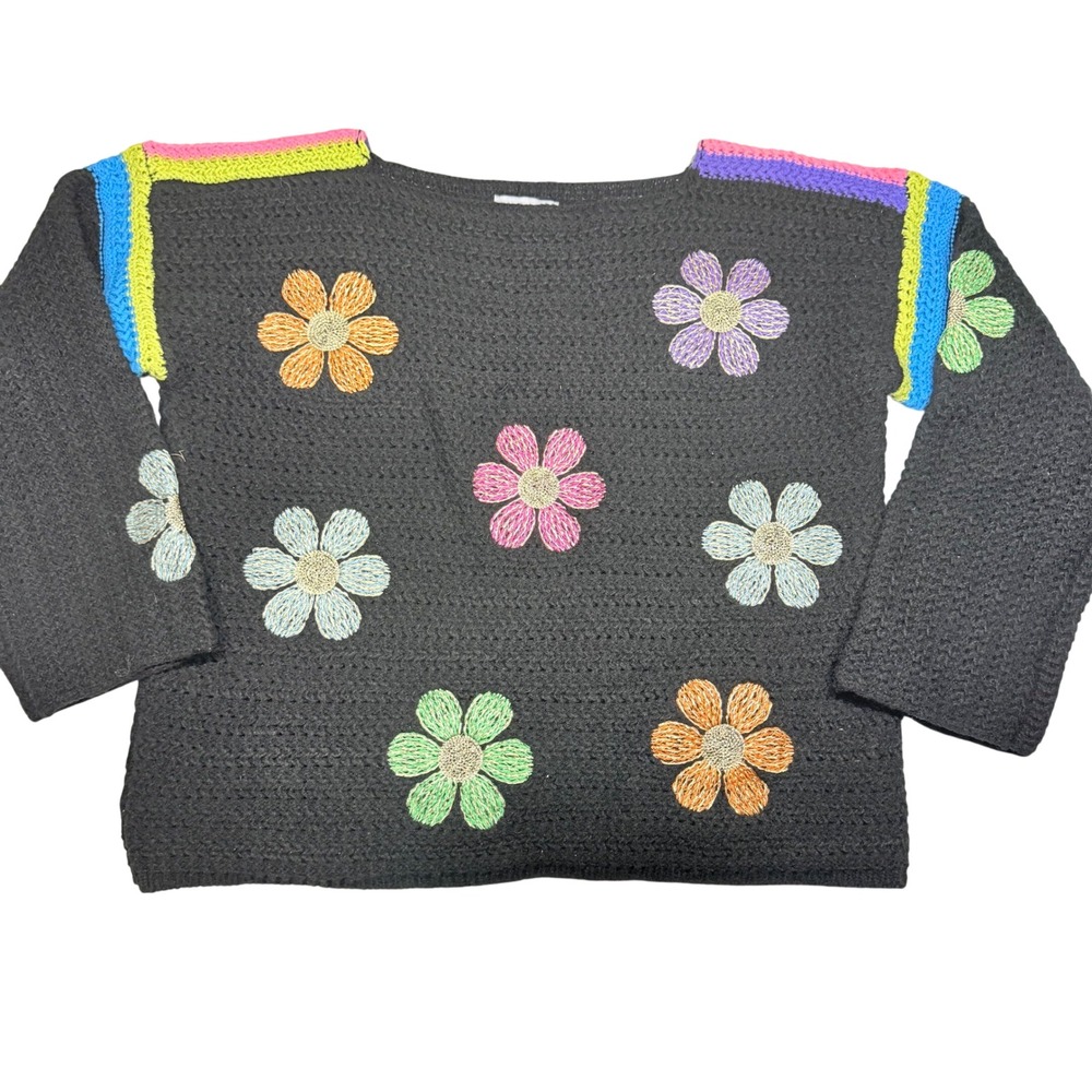 Whimsigoth Black Crochet Flower Sweater Womens Small Embroidered Boho Multicolor